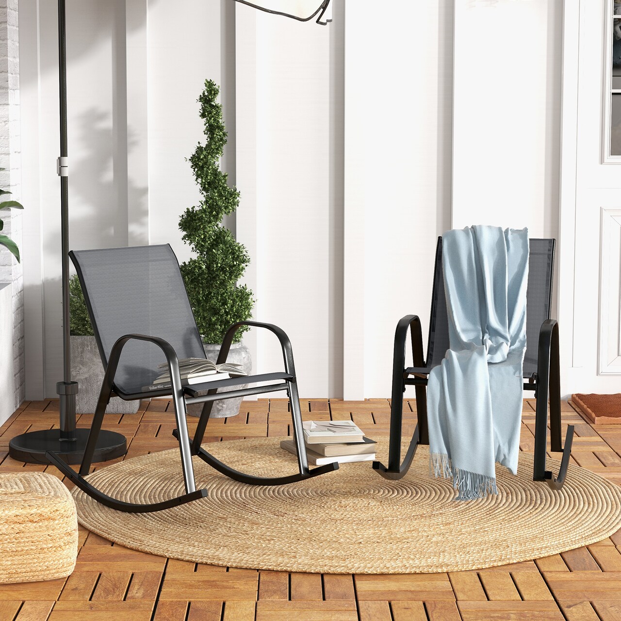 2-Piece Outdoor Rocking Chair Set with Metal Frame and Breathable Fabric Seat for Patio or Porch